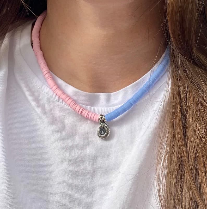 Polymer Heishi Bead Choker, Antique Silver Pendant, Sterling Silver Clasp