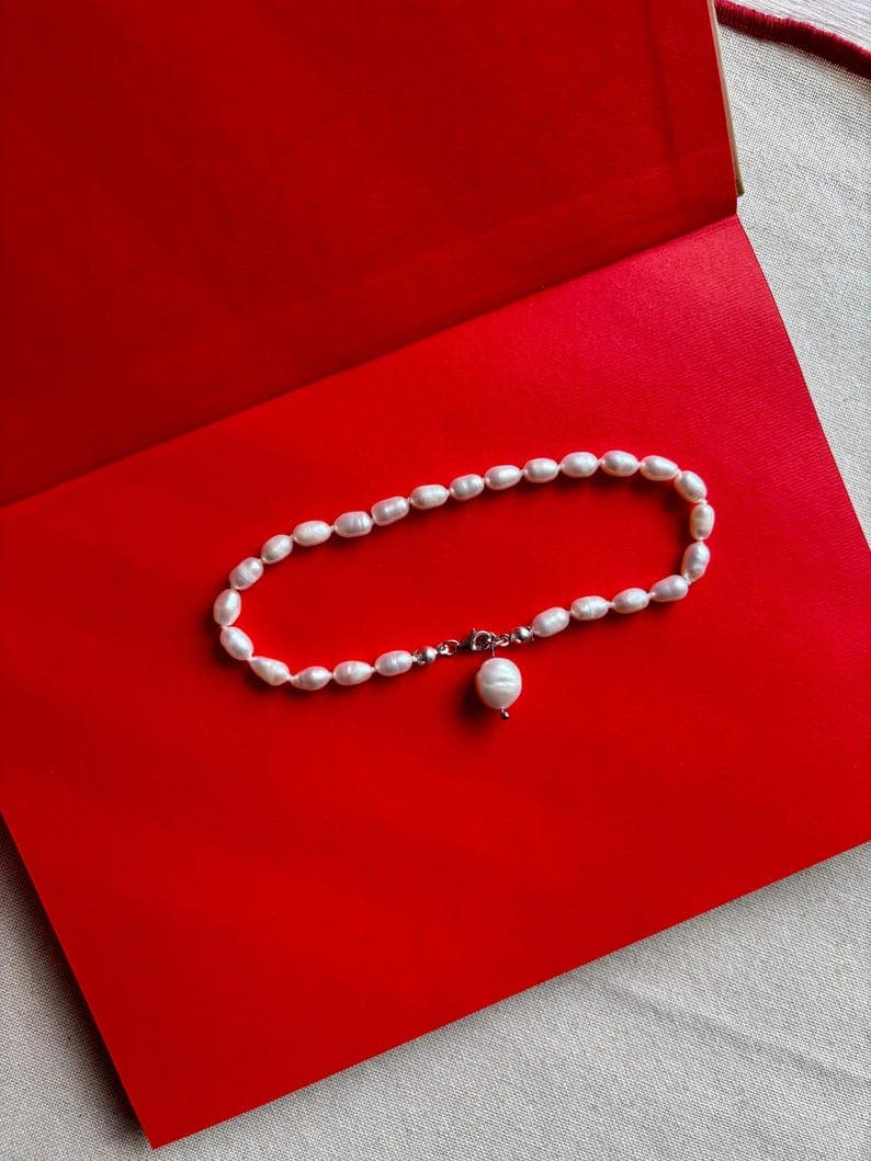 Freshwater Rice-Shaped Pearl Anklet with Baroque Pearl Charm, 925 Silver Clasp