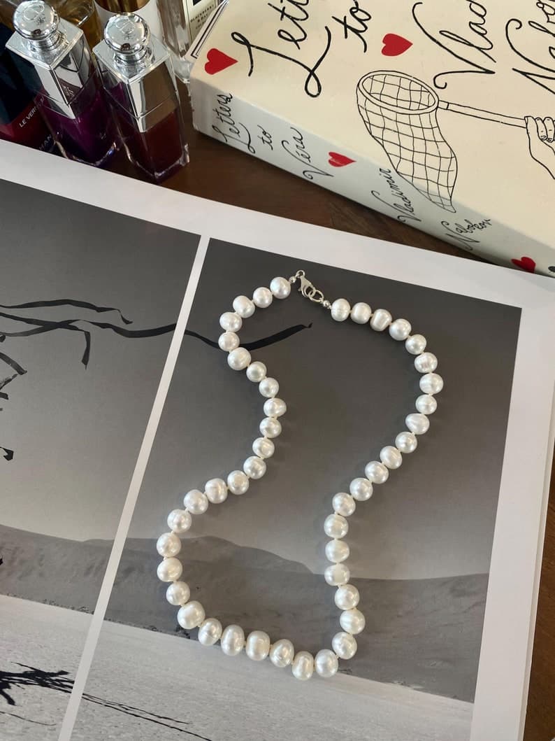 Large Freshwater Pearl Necklace, Hand-Knotted, Sterling Silver Clasp