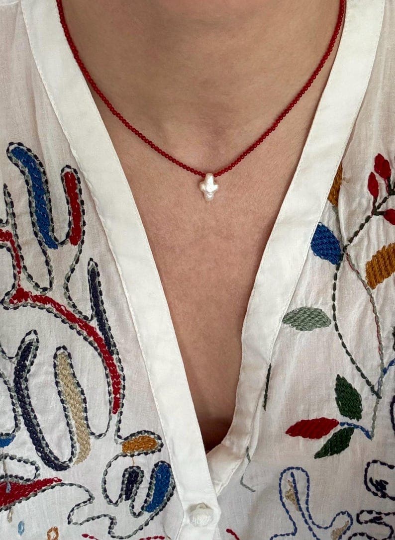Red Coral Round Beads Necklace, Baroque Freshwater Cross Pearl Pendant, Sterling Silver Clasp, Handmade