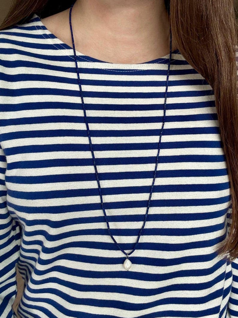 Lapis Lazuli Long Necklace with Baroque Freshwater Pearl Pendant, Handmade Jewelry, 925 Silver Clasp