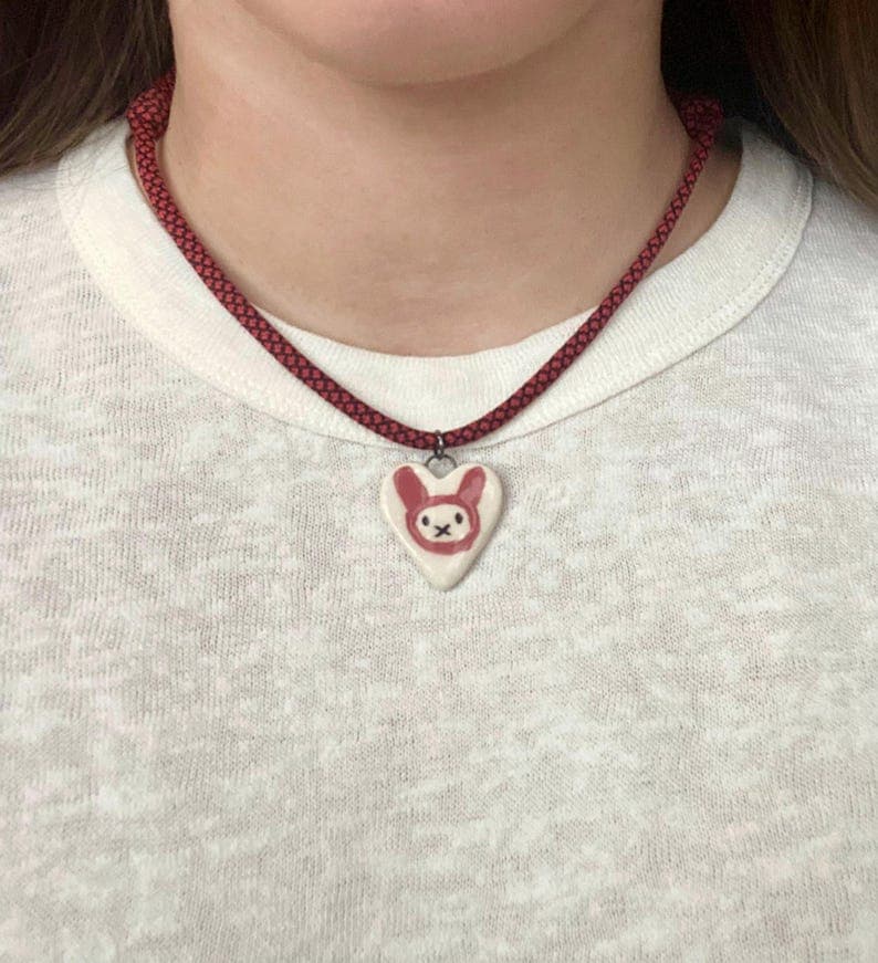 Paracord Necklace, Pink Rabbit Ceramic Heart Pendant, Adjustable Length