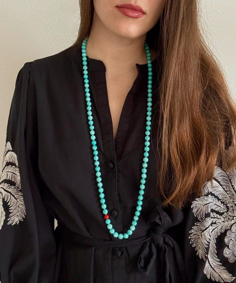 Turquoise Beaded Long Necklace, Sterling Silver Clasp, Boho Style, Handmade Jewelry