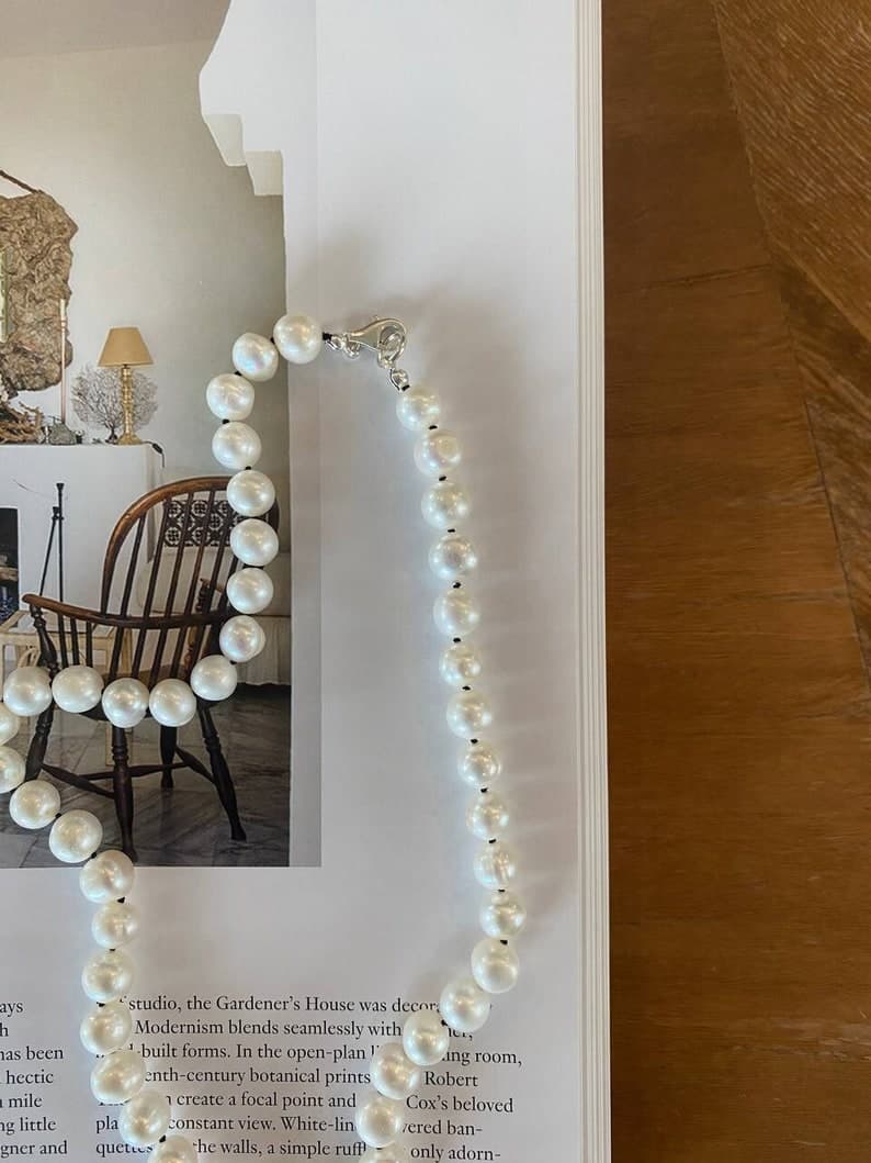 Large Freshwater Pearl Necklace, Hand-Knotted on Black Silk Thread, Sterling Silver Clasp