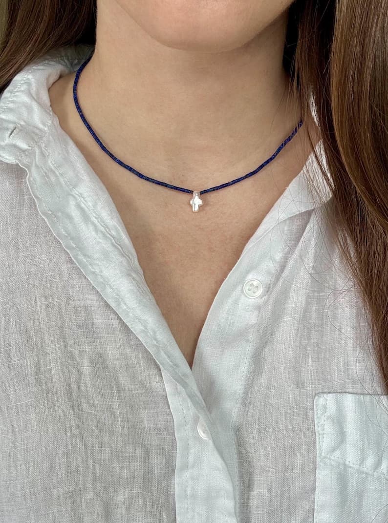 Blue Lapis Lazuli Necklace with Baroque Freshwater Cross Pearl Pendant, 925 Silver Clasp, Handmade