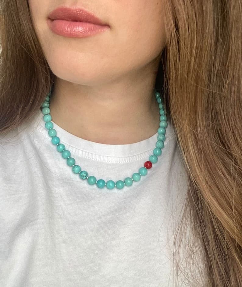 Turquoise Necklace, Short Beaded Choker, 925 Sterling Silver Clasp, Silk Thread, Handmade Jewelry