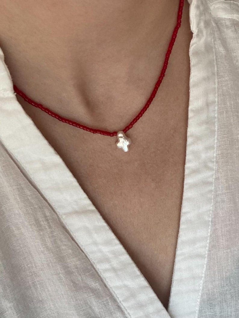 Red Coral Necklace with Baroque Freshwater Cross Pearl Pendant, 925 Silver Clasp, Handmade Jewelry