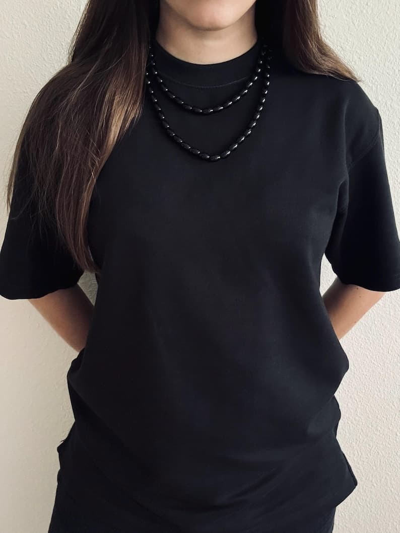 Black Onyx Long Necklace, Sterling Silver Clasp, Handmade Jewelry