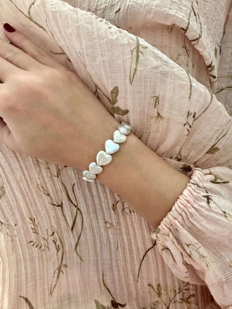 Heart Pearl Bracelet • Natural Freshwater Pearls • Stretch Beaded Bracelet Inspired by Pastel Trend